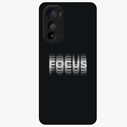 Focus Mode On Glass Case showing flat back view with bold motivational typography design and glossy glass finish.