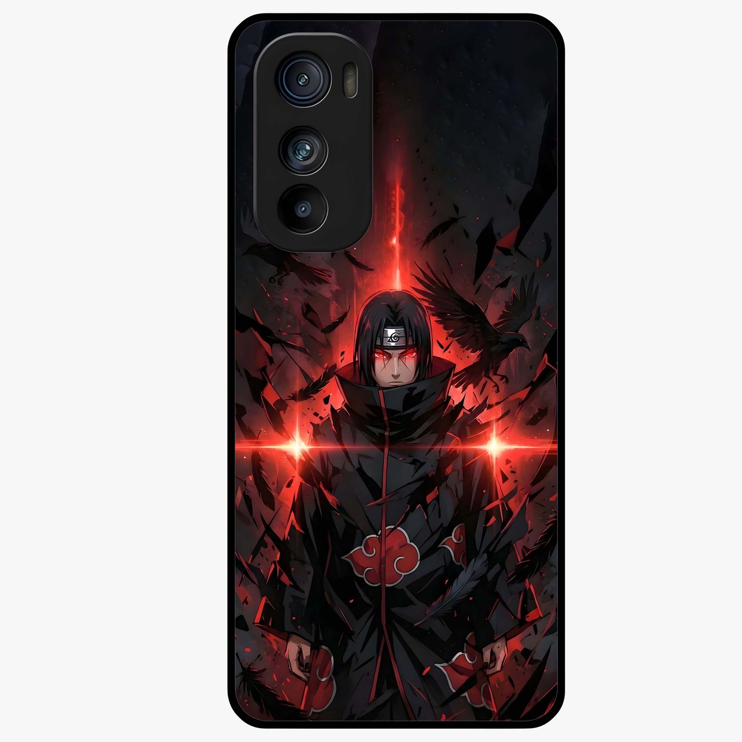 Focused Blade Discipline Glass Case showing flat back view with warrior sword themed artwork and glossy glass finish.