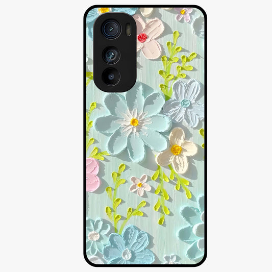 Frosted Petal Garden Glass Case showing flat back view with soft frosted floral artwork and glossy glass finish.