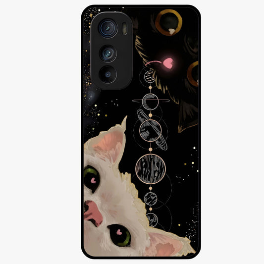 Galactic Cat Glass Case showing flat back view with cosmic cat artwork and glossy glass finish.
