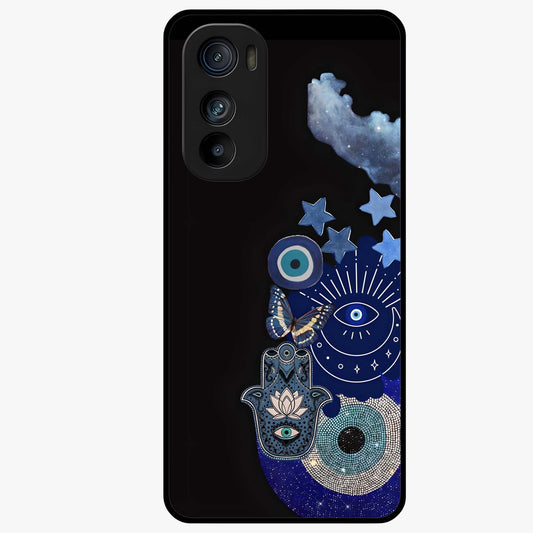Galactic Charm Cluster Glass Case showing flat back view with glowing celestial charm artwork and glossy glass finish.
