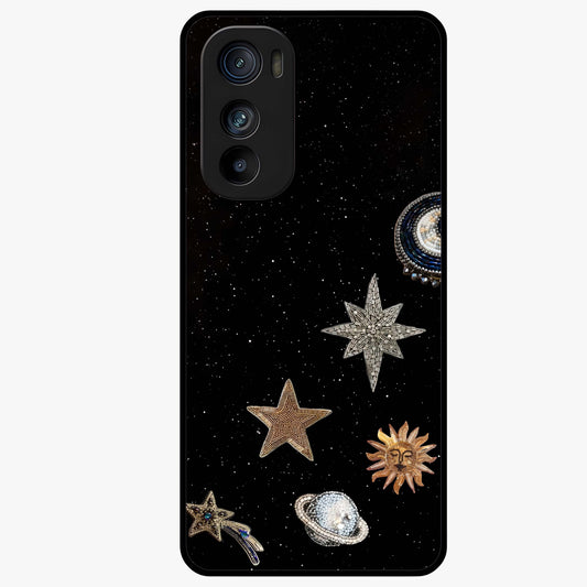 Galactic Charm Glow Glass Case showing flat back view with glowing celestial charm artwork and glossy glass finish.