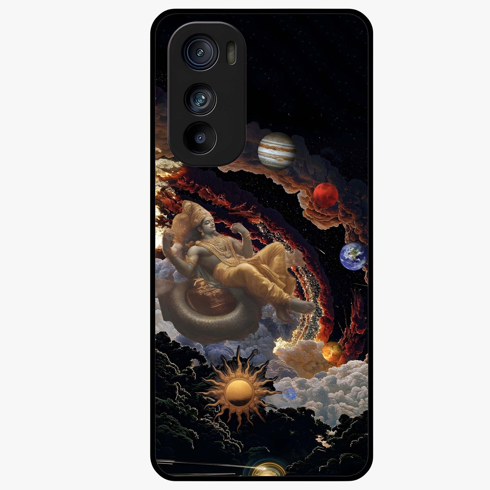 Galactic Divine God Glass Case showing flat back view with divine cosmic themed artwork and glossy glass finish.