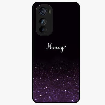 Glittery Purple Bokeh Custom Name Glass Case showing flat back view with purple bokeh sparkle artwork and personalized name design.