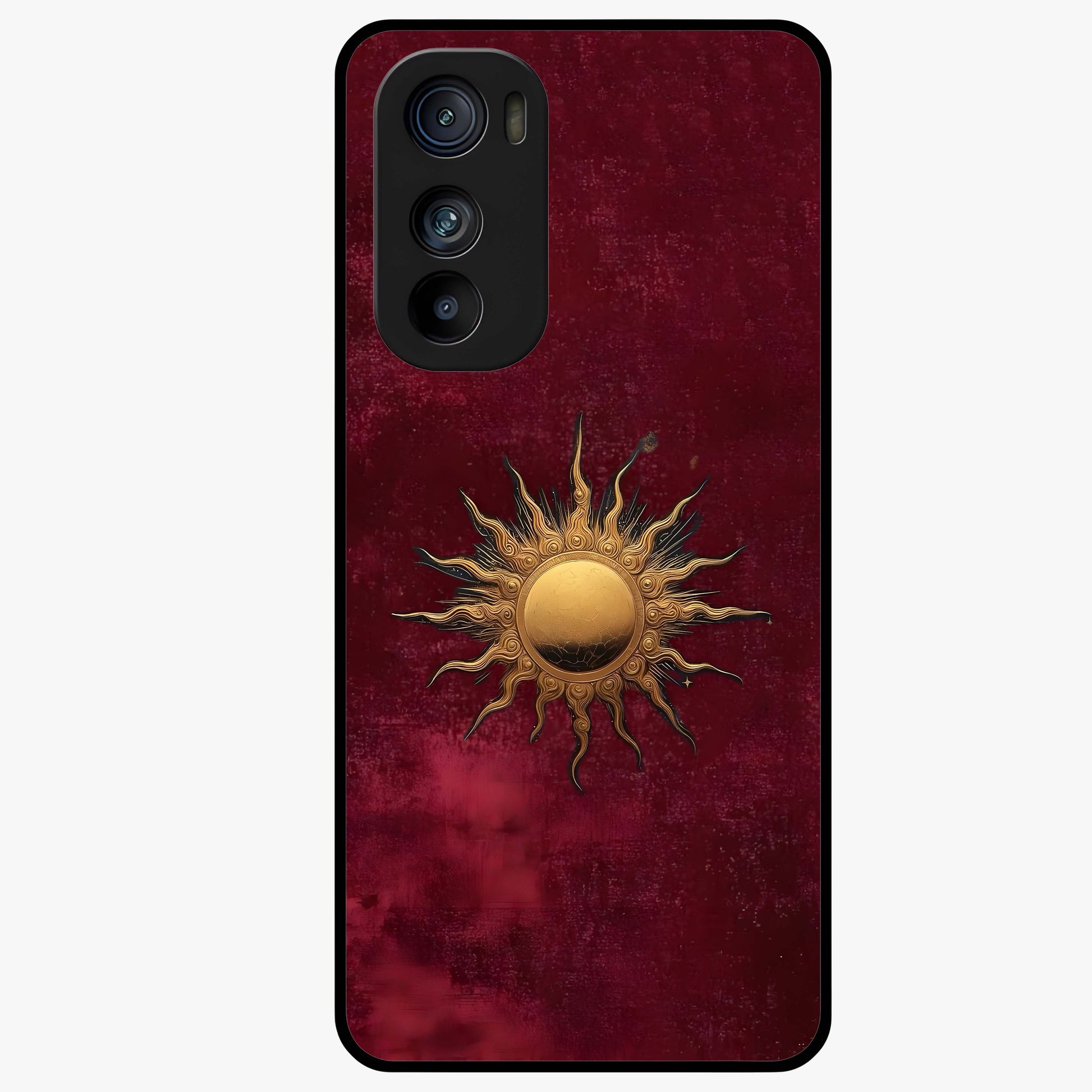 Gold Sun Blush Glass Case showing flat back view with golden sun inspired artwork and glossy glass finish.