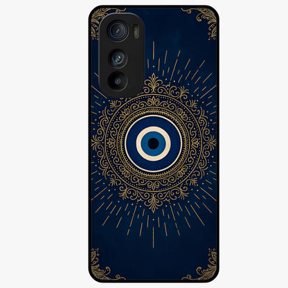Golden Evil Eye Mandala Glass Case showing flat back view with intricate evil eye mandala artwork and glossy glass finish.