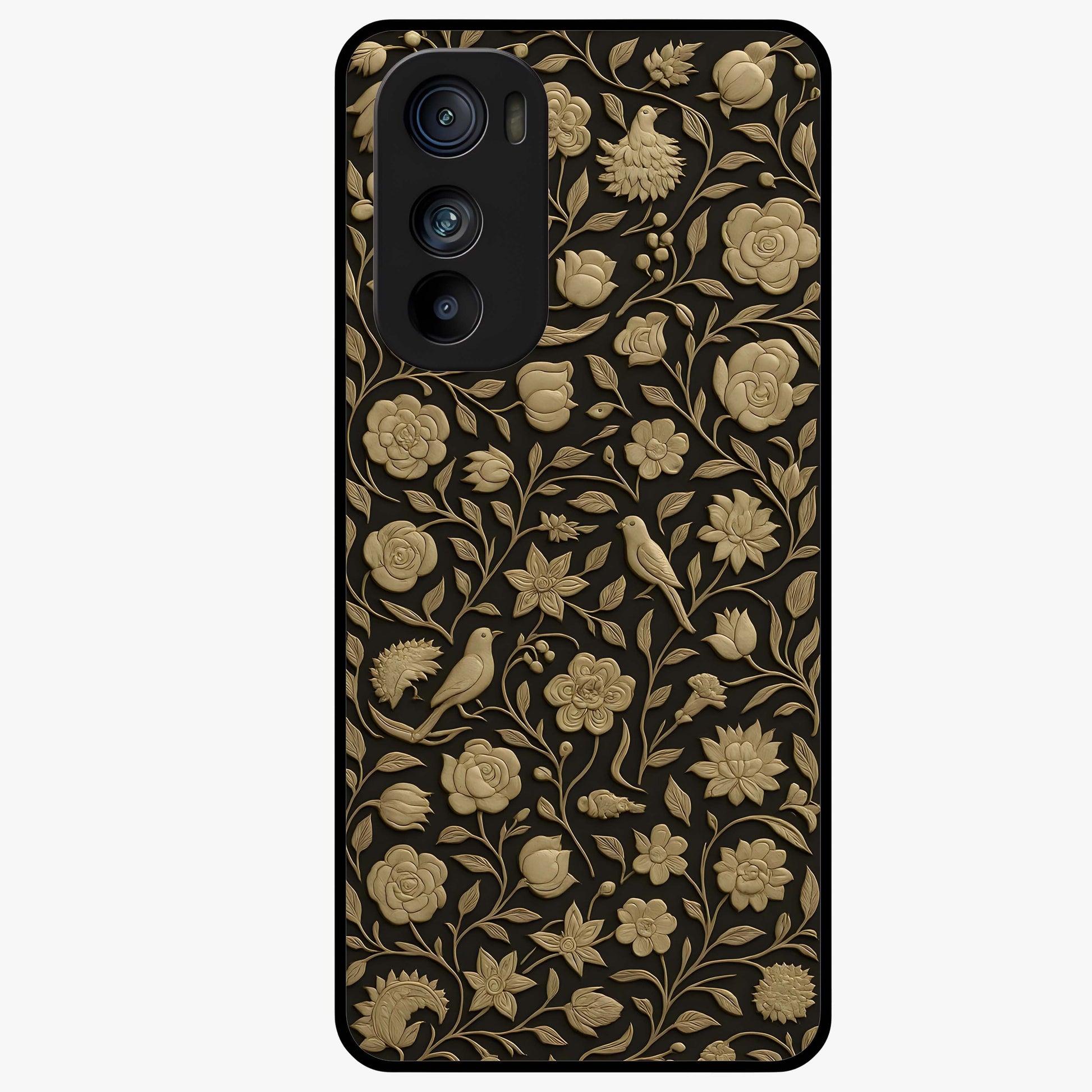 Golden Floral Majesty Glass Case showing flat back view with luxurious golden floral artwork and glossy glass finish.