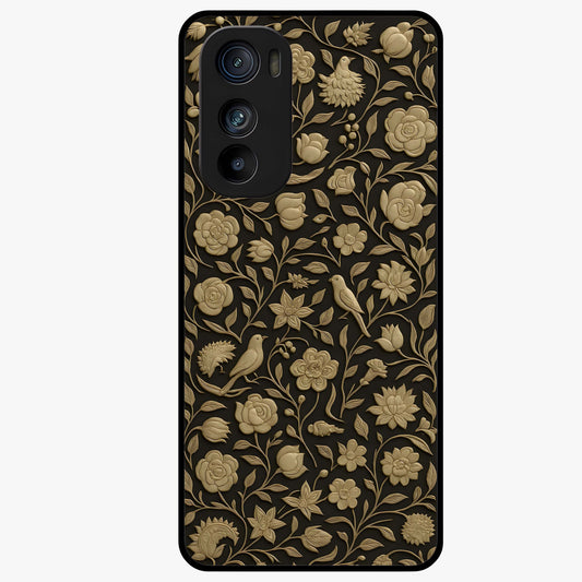 Golden Floral Majesty Glass Case showing flat back view with luxurious golden floral artwork and glossy glass finish.
