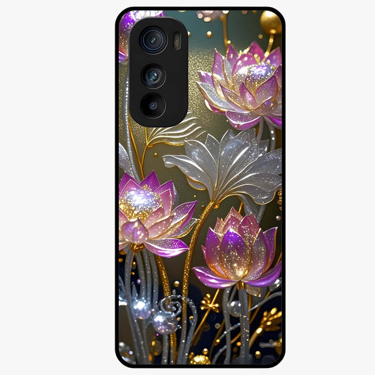 Golden Lotus Glow Glass Case showing flat back view with glowing lotus flower artwork and glossy glass finish.