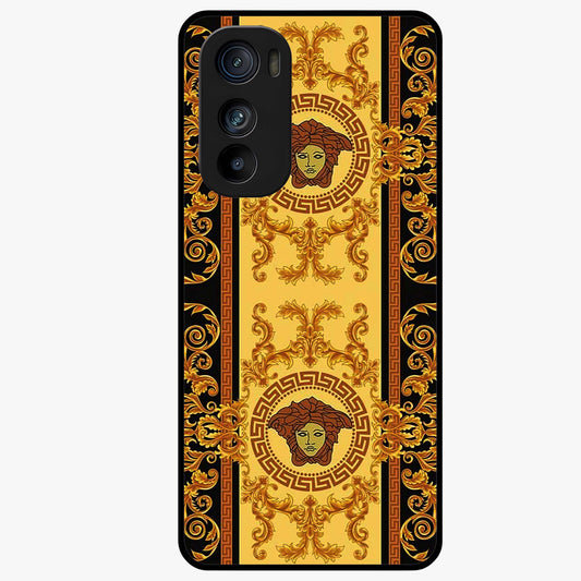 Golden Royal Heritage Glass Case showing flat back view with ornate royal pattern artwork and glossy glass finish.