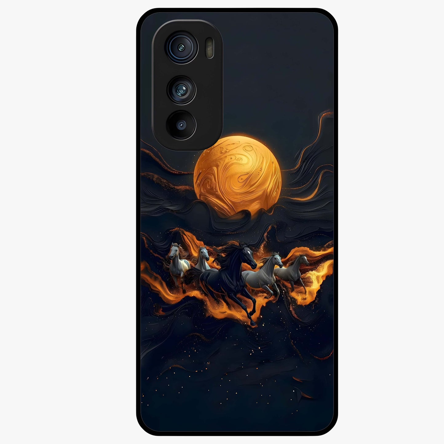 Golden Stallion Moonride Glass Case showing flat back view with majestic horse under moonlight artwork and glossy glass finish.