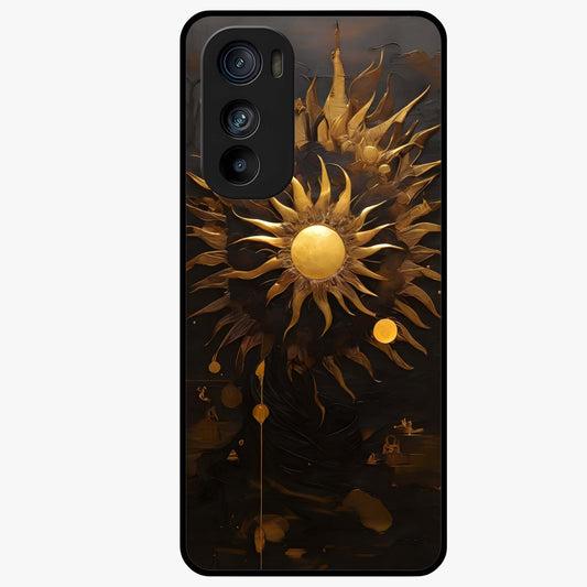 Golden Sun Majesty Glass Case showing flat back view with radiant golden sun artwork and glossy glass finish.
