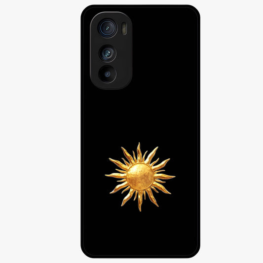Golden Sun Minimalism Glass Case showing flat back view with minimal golden sun artwork and glossy glass finish.