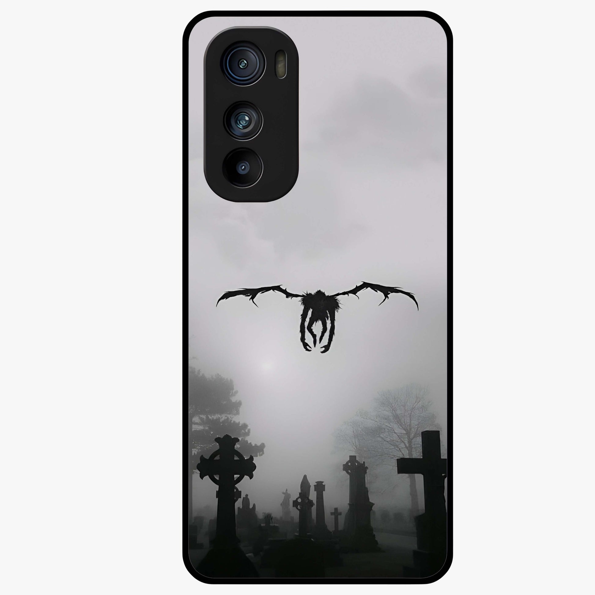 Graveyard Shadow Descent Glass Case showing flat back view with dark graveyard themed artwork and glossy glass finish.