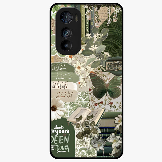 Green Islamic Books Quotes Glass Case showing flat back view with Islamic quotes and book themed artwork and glossy glass finish.