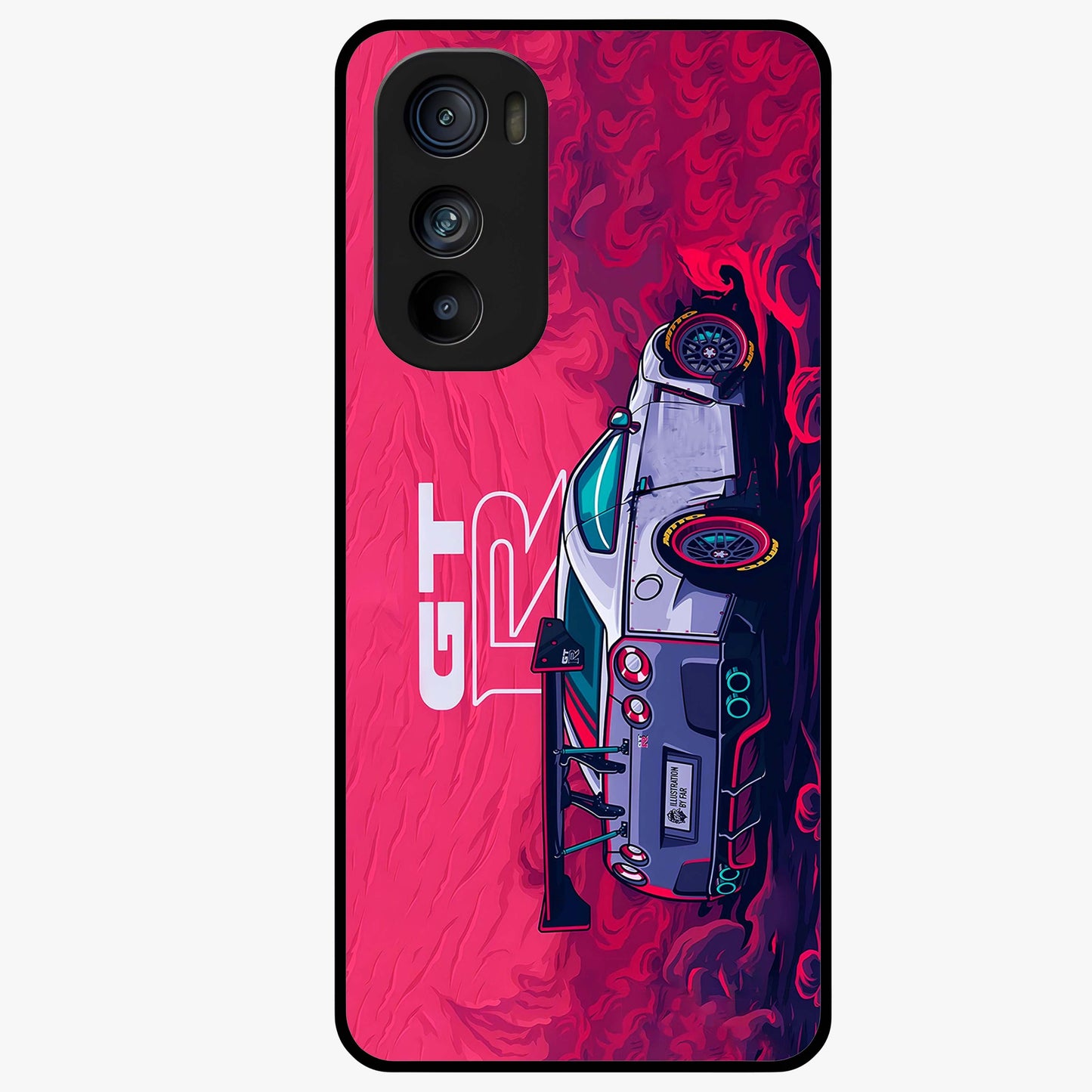 GT-R Car Pattern Glass Case showing flat back view with sporty car inspired pattern artwork and glossy glass finish.