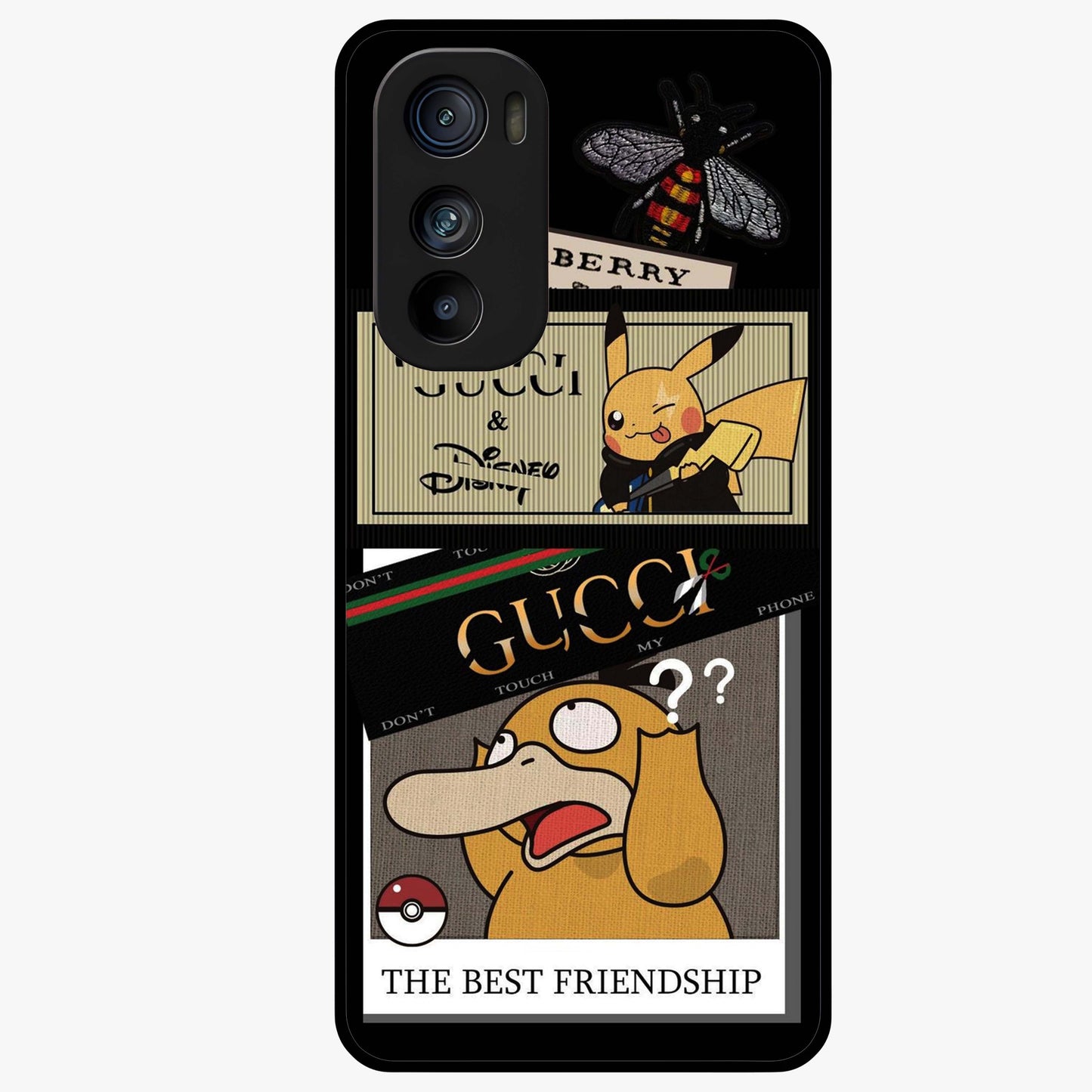 Gucci Play Mashup Glass Case showing flat back view with luxury inspired graphic artwork and glossy glass finish.