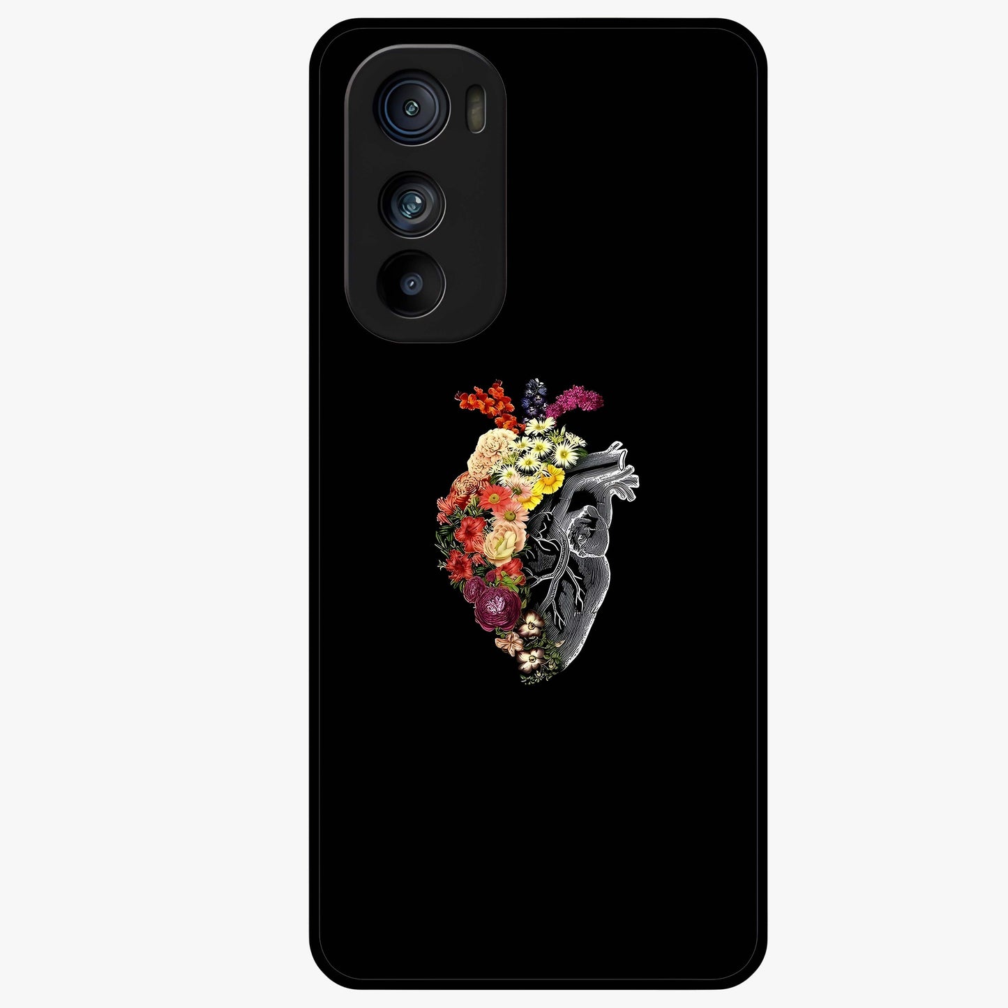 Heart With Flowers Glass Case showing flat back view with heart shaped floral artwork and glossy glass finish.