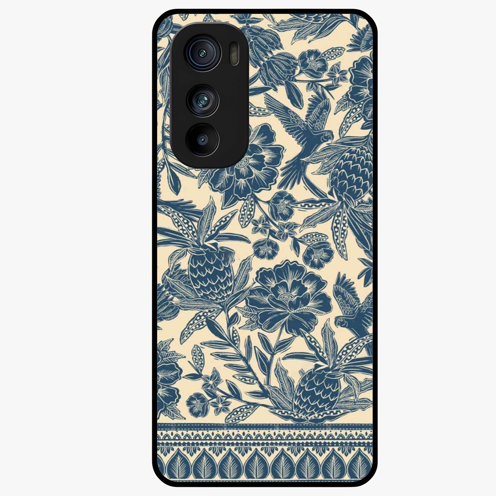 Heirloom Wild Bloom Glass Case showing flat back view with vintage inspired wild flower artwork and glossy glass finish.