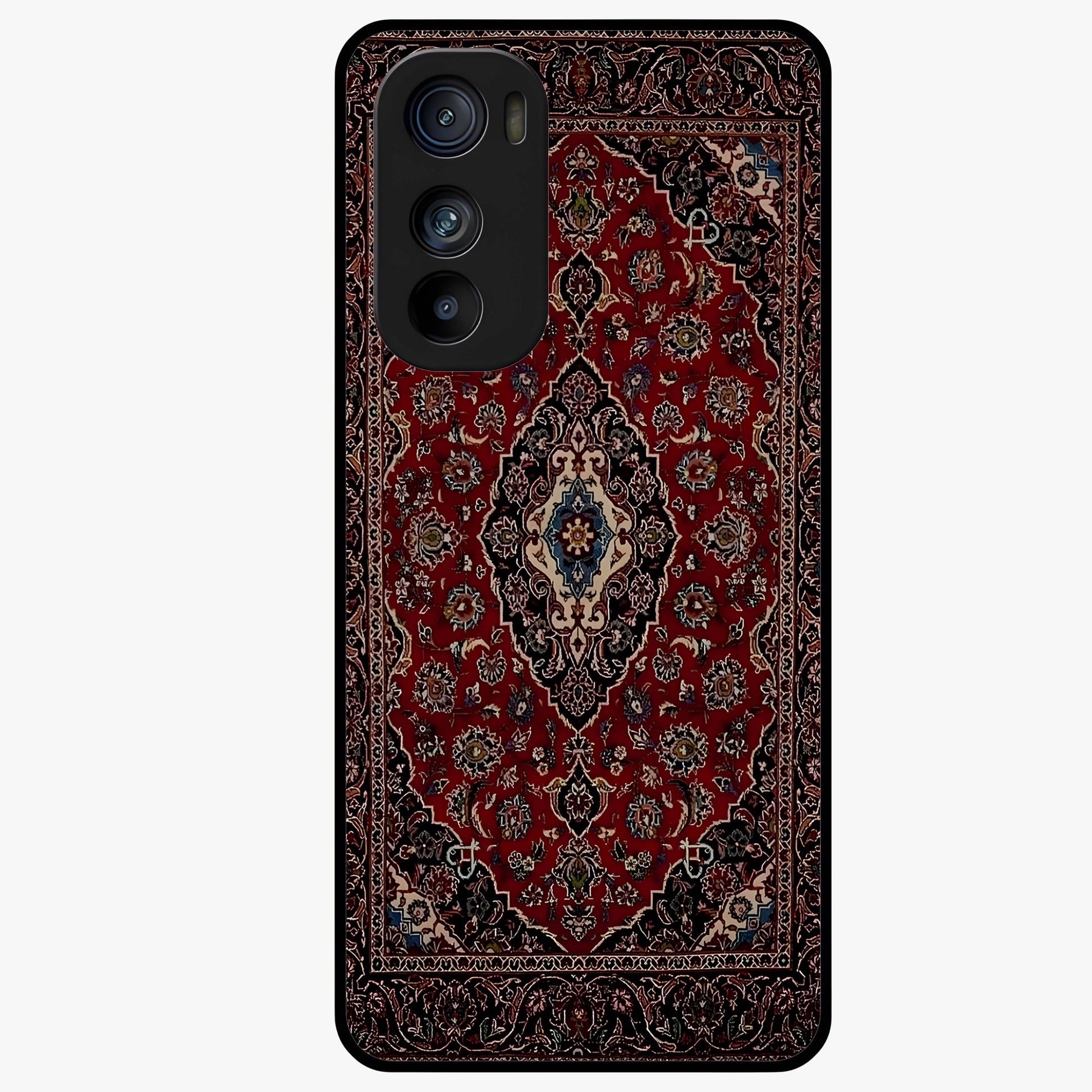 Heritage Carpet Royale Glass Case showing flat back view with ornate Persian carpet inspired pattern and glossy glass finish.