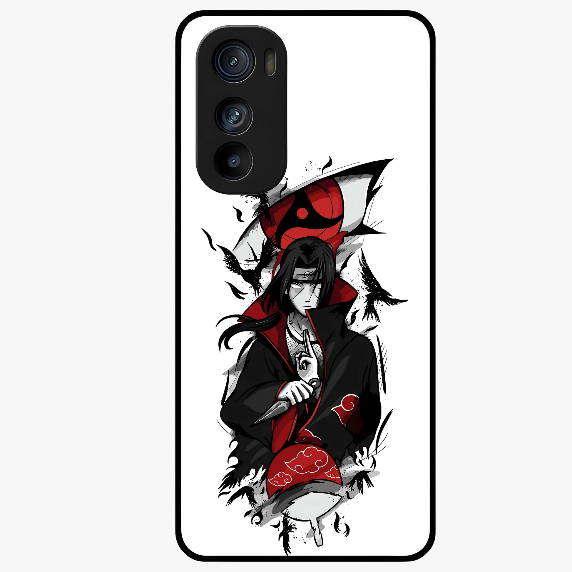 Itachi Sharingan Glass Case showing flat back view with powerful anime eye artwork and glossy glass finish.