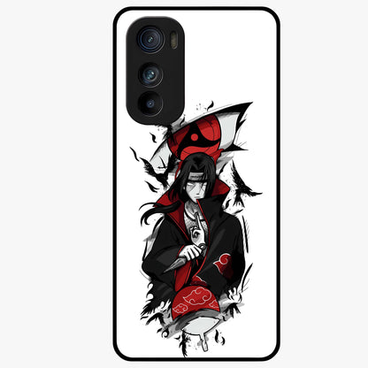 Itachi Sharingan Glass Case showing flat back view with powerful anime eye artwork and glossy glass finish.