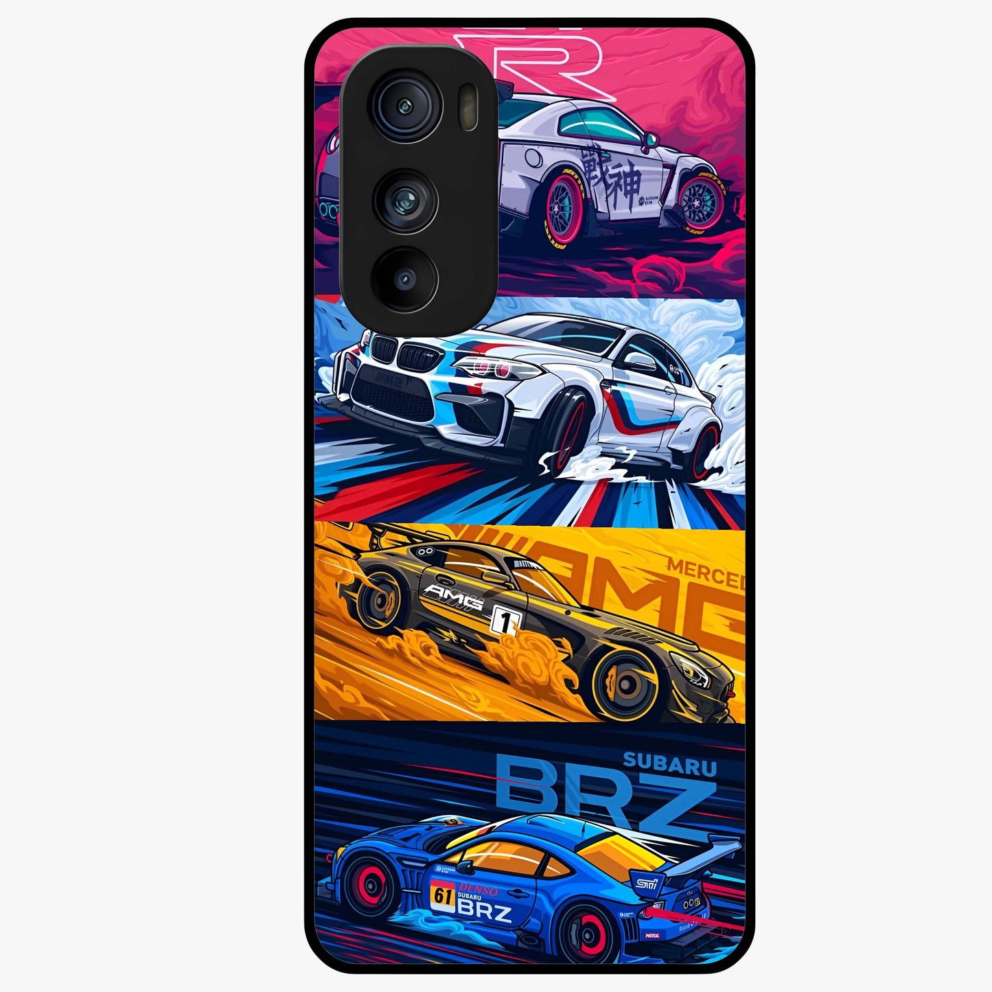 JDM Sports Car Glass Case showing flat back view with high performance sports car artwork and glossy glass finish.