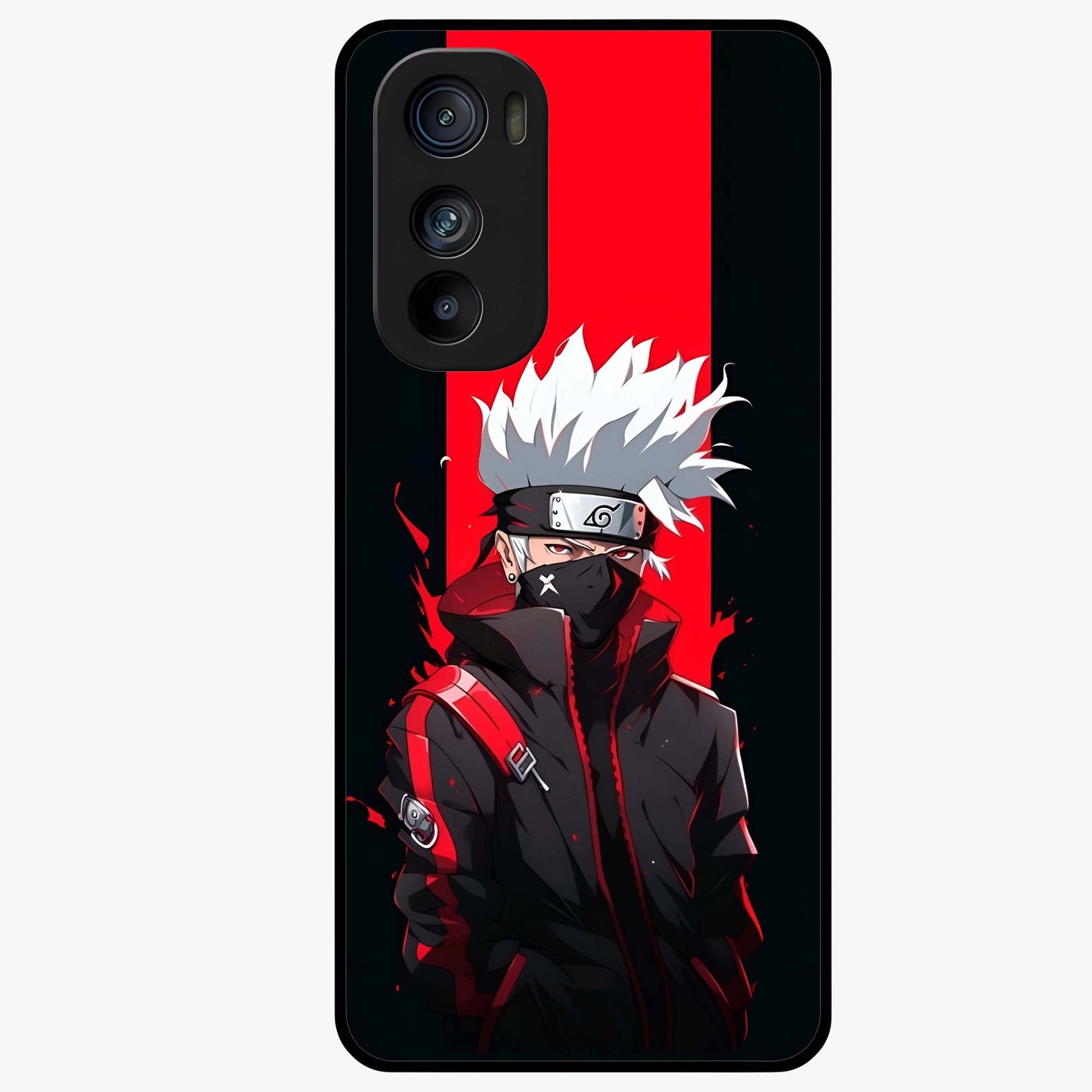 Kakashi Scarlet Shadow Glass Case showing flat back view with powerful anime ninja artwork and glossy glass finish.