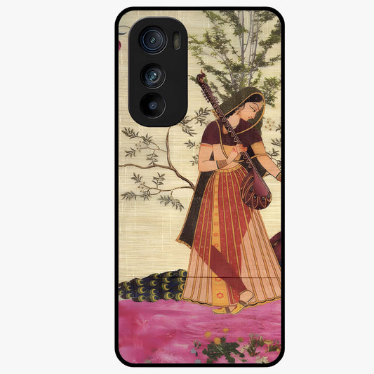 Lady With Veena Art Glass Case showing flat back view with elegant woman playing veena artwork and glossy glass finish.