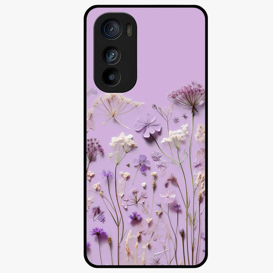 Lavender Blossom Dream Glass Case showing flat back view with soft lavender floral artwork and glossy glass finish.