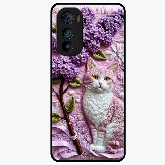 Lavender Cat Whimsy Glass Case showing flat back view with cute lavender cat artwork and glossy glass finish.