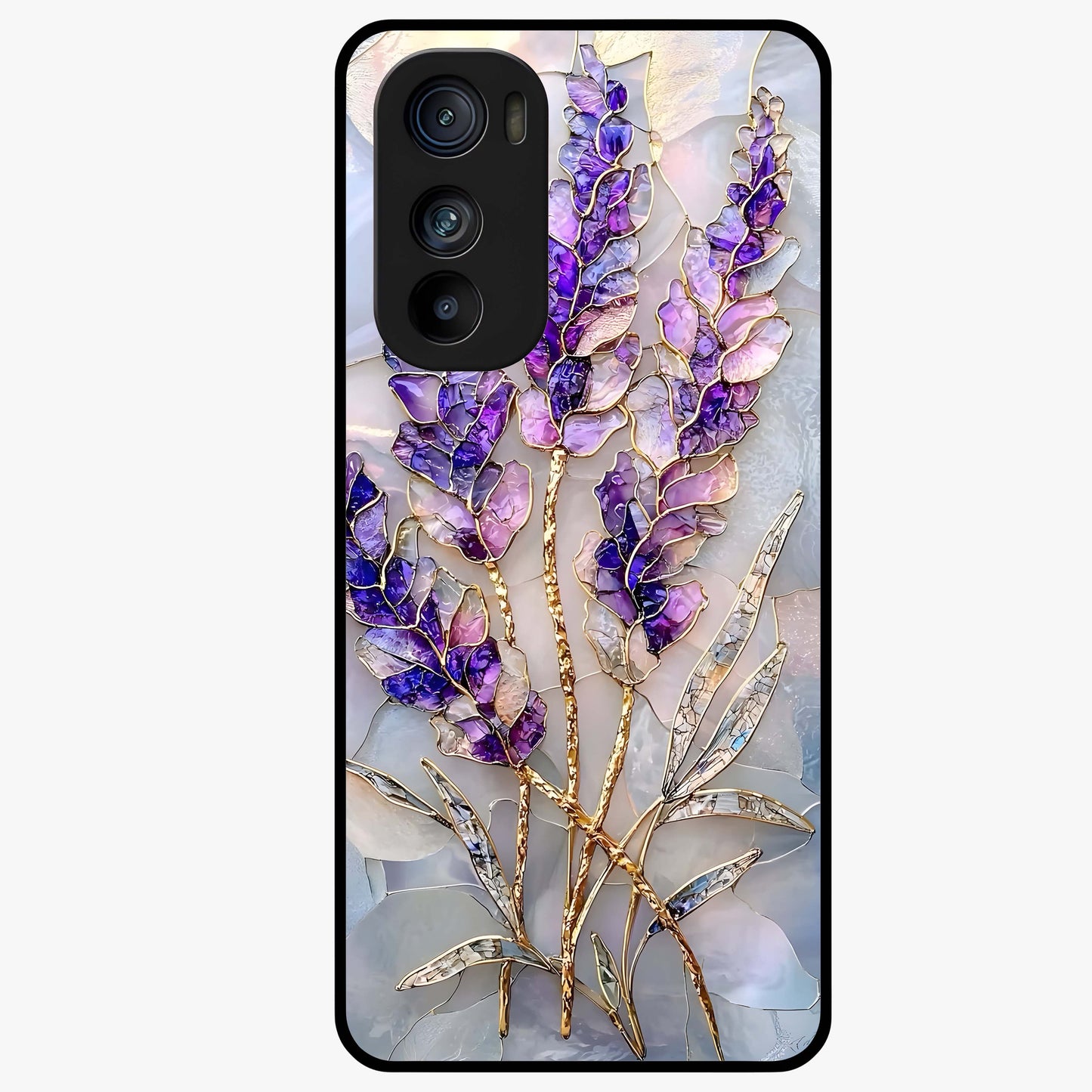 Lavender Dream Glow Glass Case showing flat back view with glowing lavender aesthetic artwork and glossy glass finish.