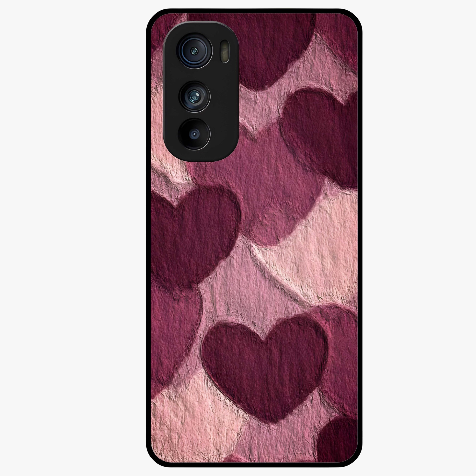 Layered Paper Hearts Glass Case showing flat back view with layered paper heart artwork and glossy glass finish.