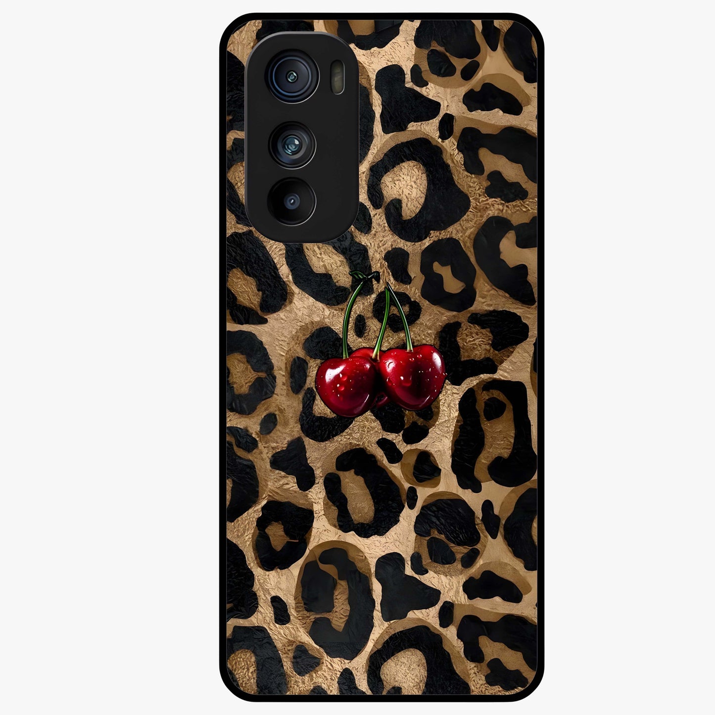 Leopard Wild Cherry Glass Case showing flat back view with leopard pattern and cherry artwork and glossy glass finish.