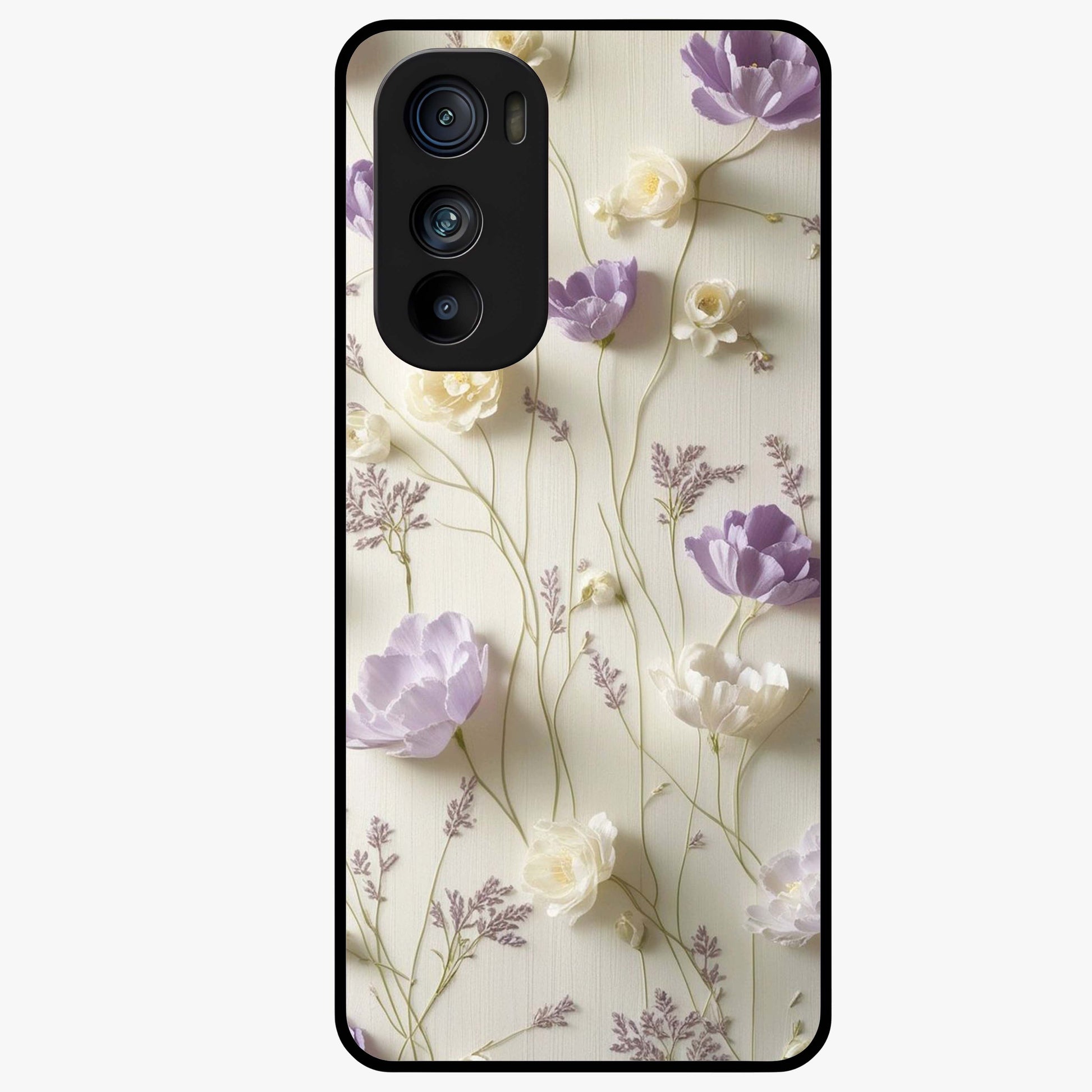 Lilac Breeze Harmony Glass Case showing flat back view with soft lilac themed artwork and glossy glass finish.