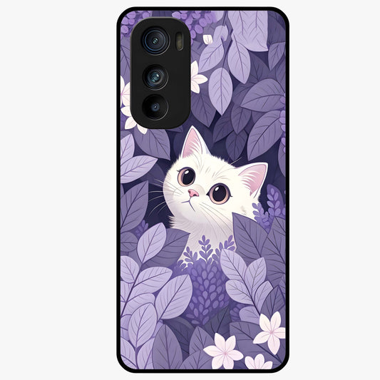 Lilac Hide Peek Cat Glass Case showing flat back view with cute peeking cat artwork and glossy glass finish.