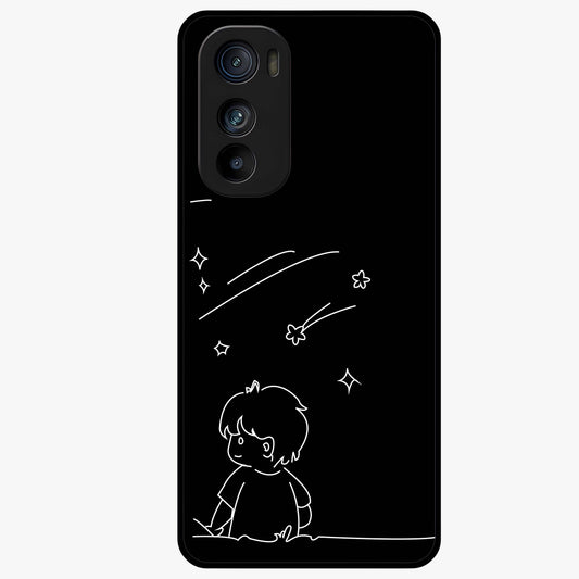 Line Art Boy With Shooting Stars Glass Case showing flat back view with minimal line art boy and shooting stars illustration and glossy glass finish.