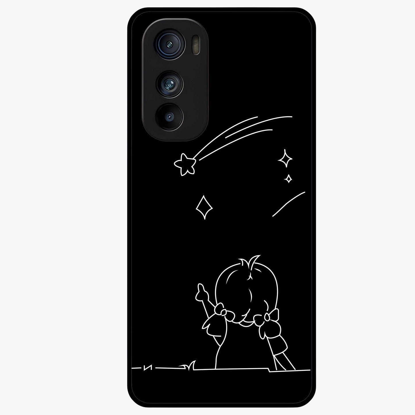 Line Art Girl With Shooting Stars Glass Case showing flat back view with minimal line art girl and shooting stars illustration and glossy glass finish.