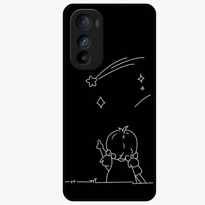 Line Art Girl With Shooting Stars Glass Case showing flat back view with minimal line art girl and shooting stars illustration and glossy glass finish.