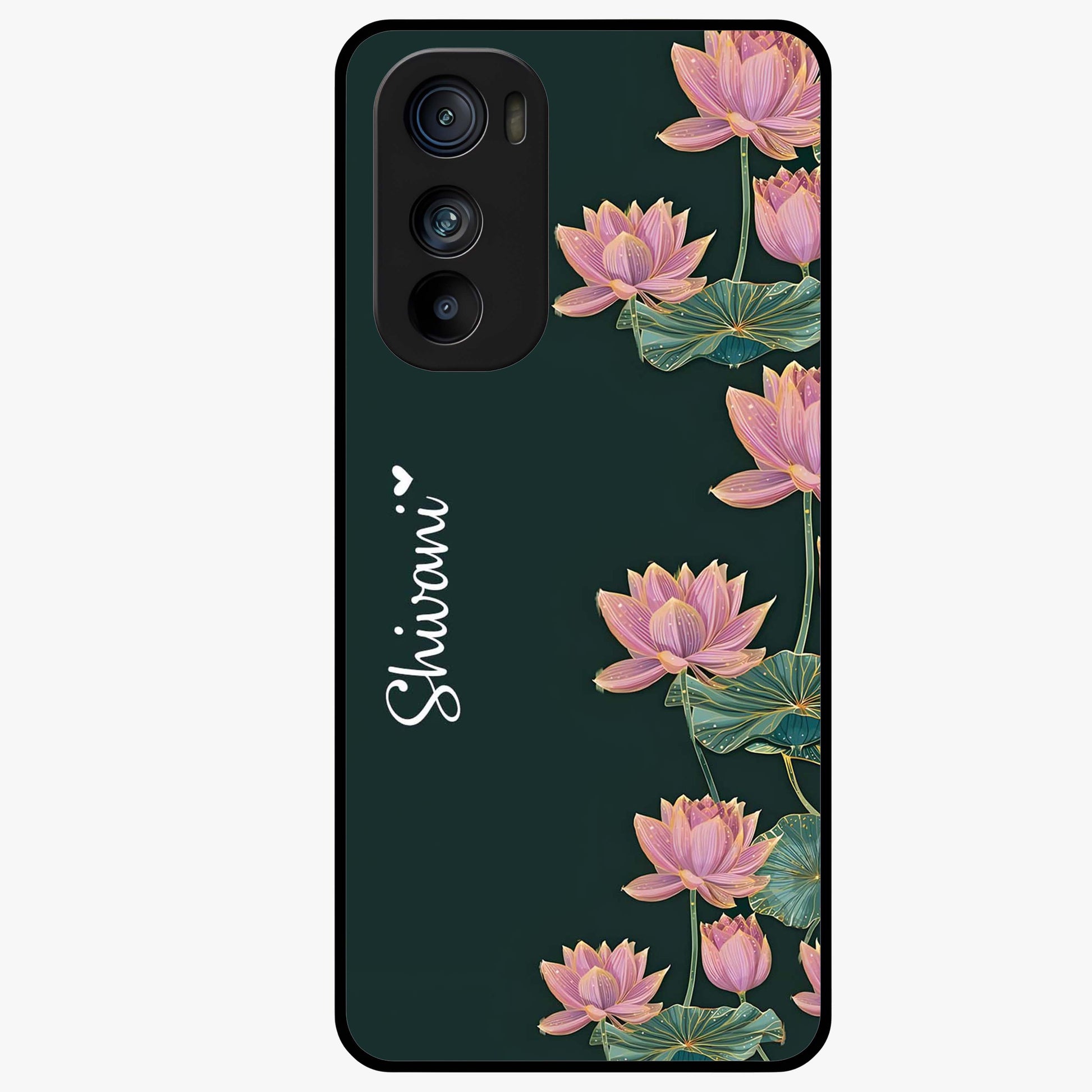 Lotus Bloom Serenity Custom Name Glass Case showing flat back view with elegant lotus flower artwork and personalized name design.