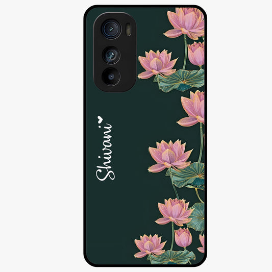 Lotus Bloom Serenity Custom Name Glass Case showing flat back view with elegant lotus flower artwork and personalized name design.