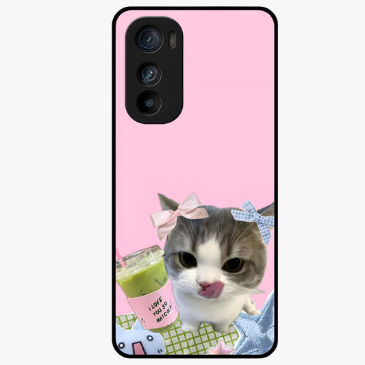 Love Matcha Cat Glass Case showing flat back view with cute cat and matcha themed artwork and glossy glass finish.