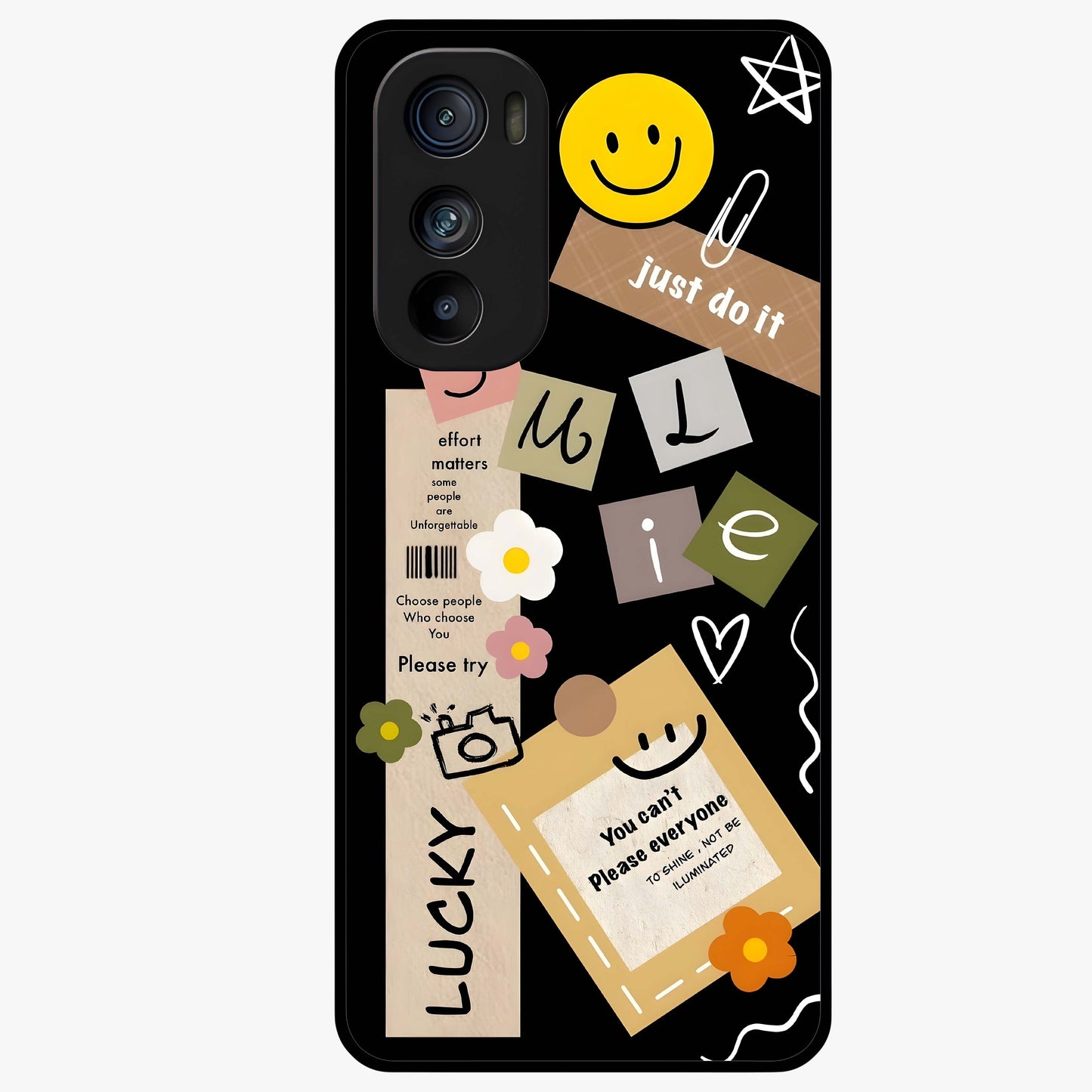 Lucky Aesthetic Collage Glass Case showing flat back view with trendy aesthetic collage artwork and glossy glass finish.