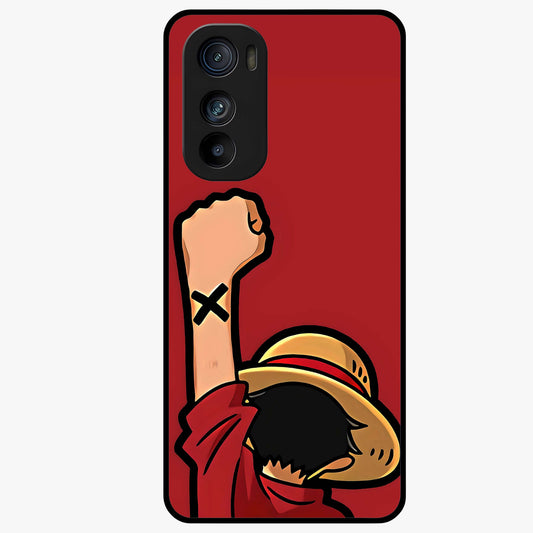 Luffy X Spirit Glass Case showing flat back view with bold anime character artwork and glossy glass finish.