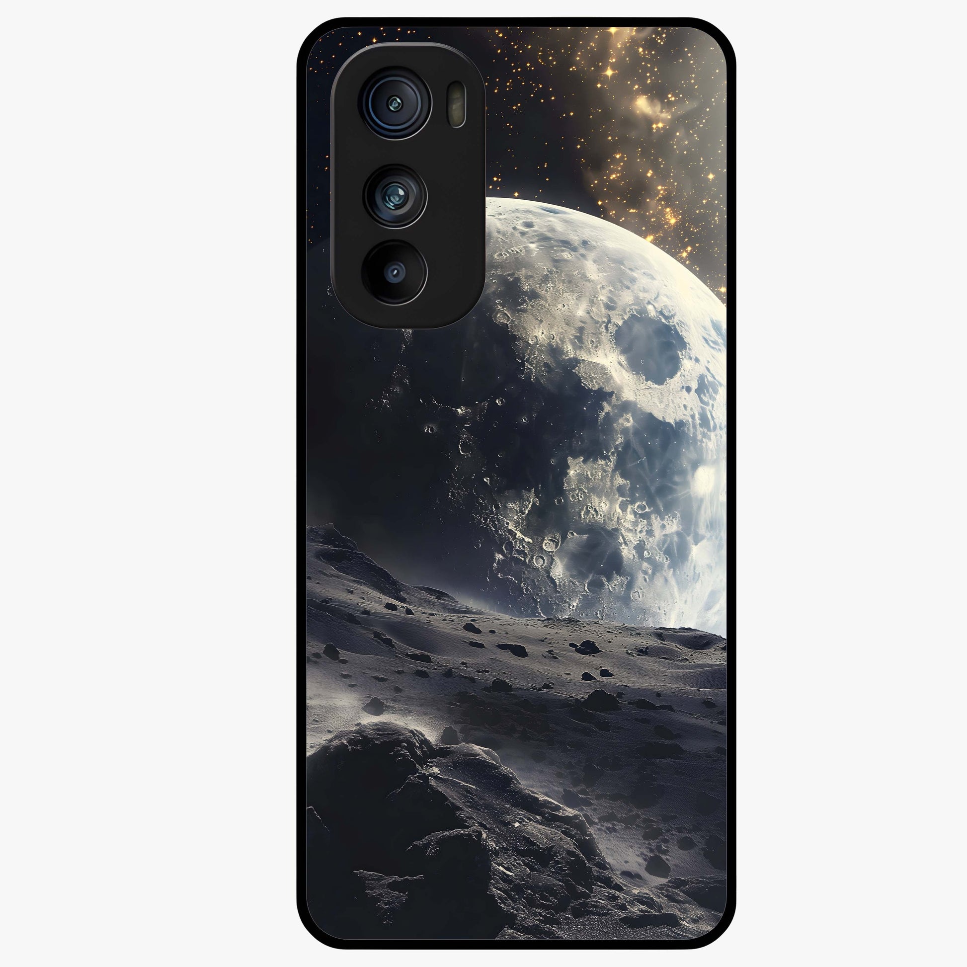 Lunar Horizon Glow Glass Case showing flat back view with glowing moon horizon artwork and glossy glass finish.