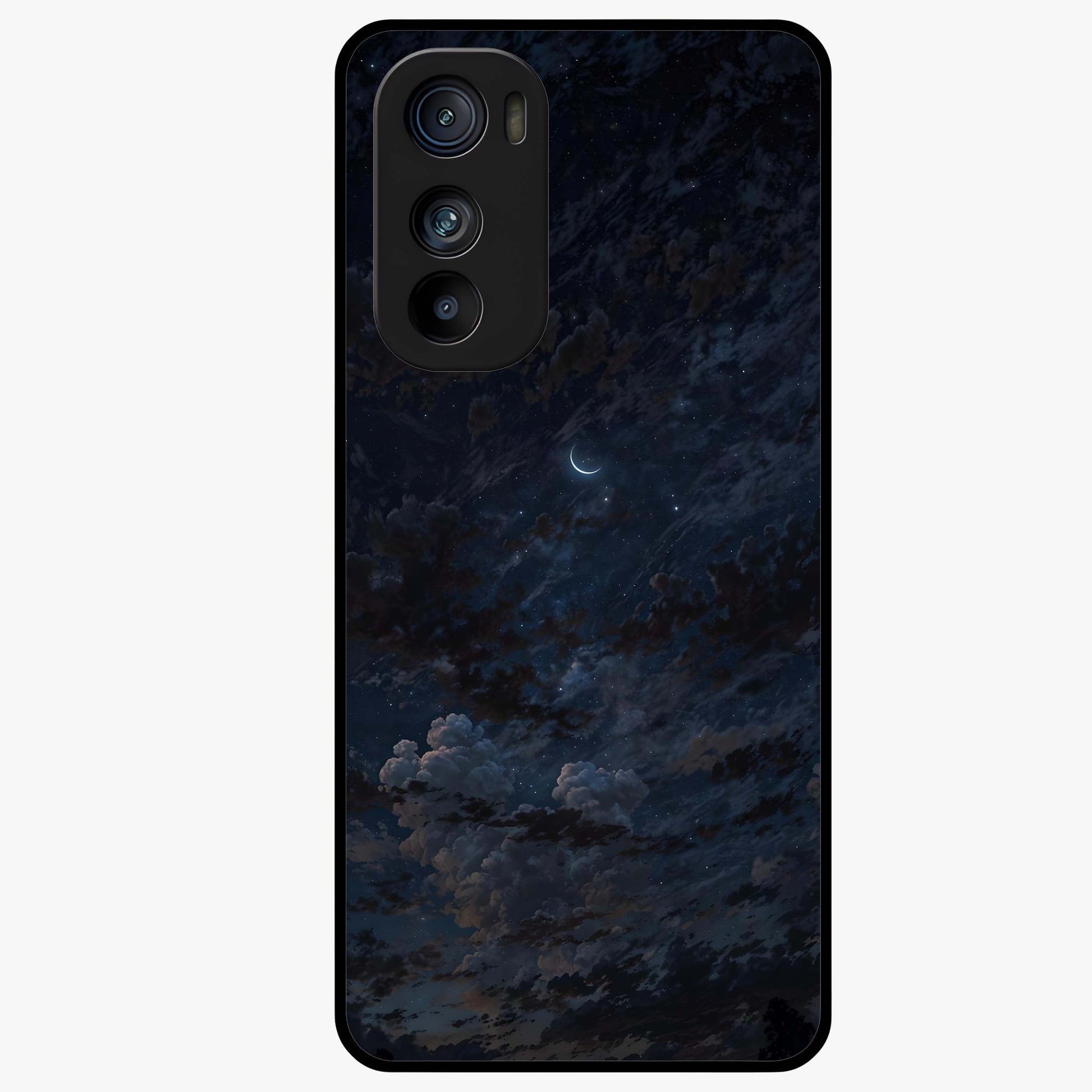 Lunar Veil Silence Glass Case showing flat back view with mystical moon veil artwork and glossy glass finish.