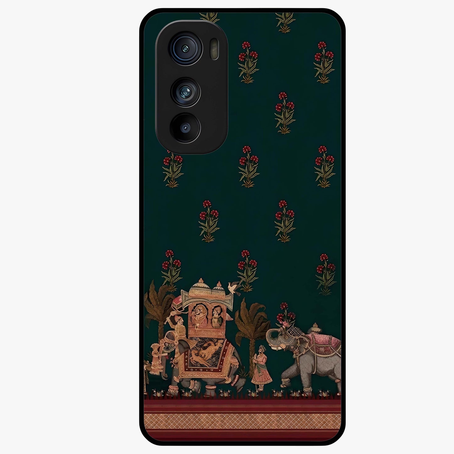 Macmerise Glass Case showing flat back view with stylish modern artwork and glossy glass finish.
