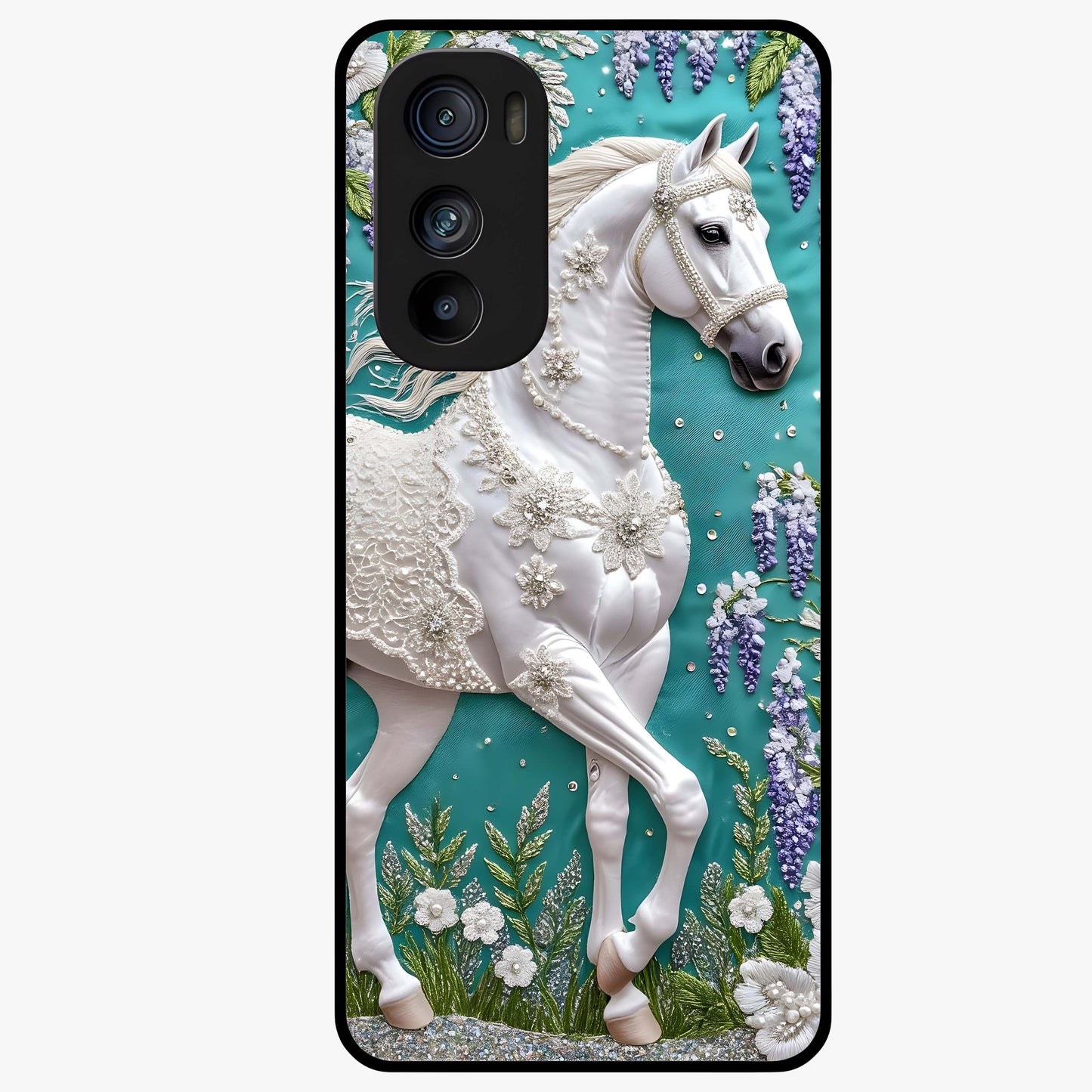 Majestic Floral Stallion Glass Case showing flat back view with powerful horse and floral artwork and glossy glass finish.