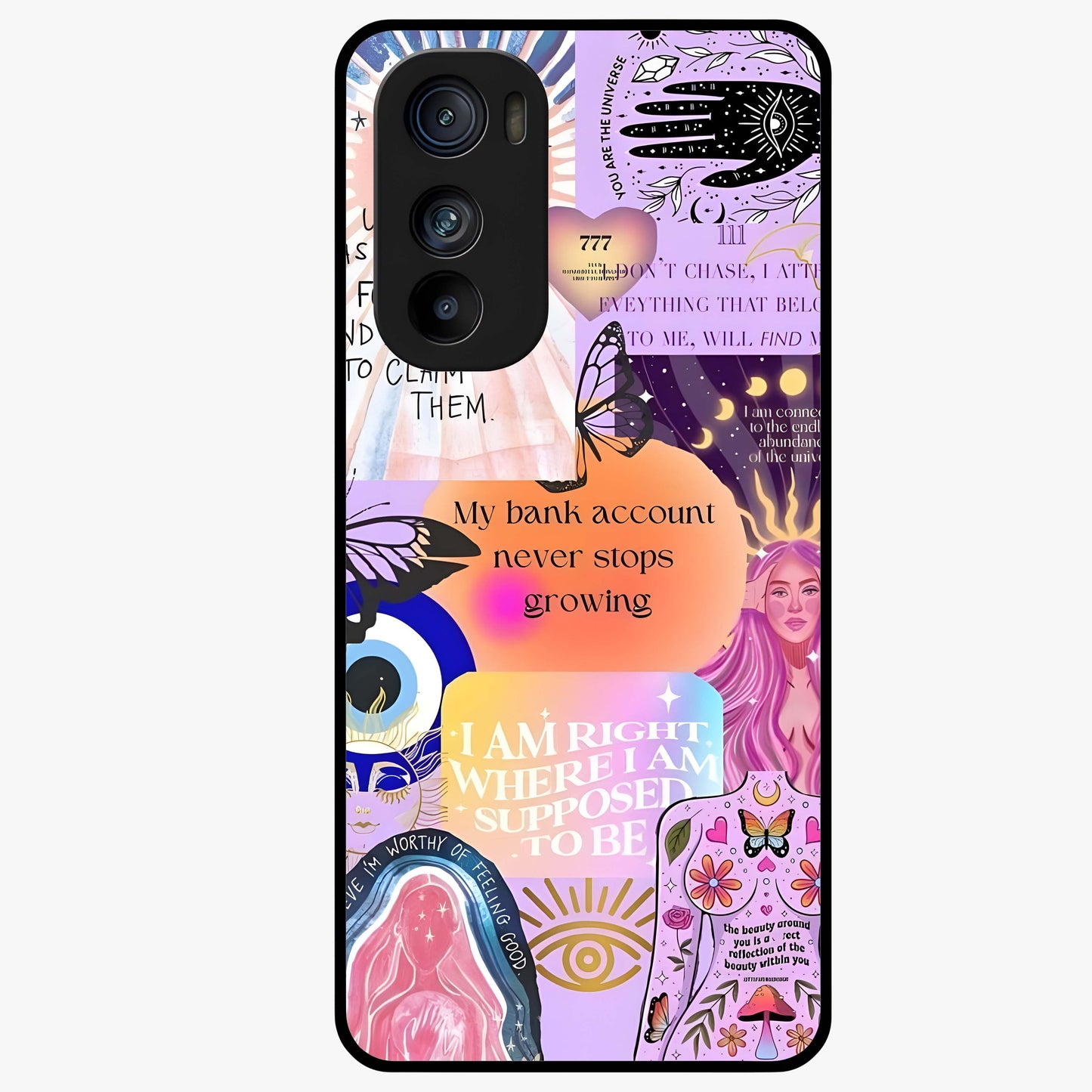 Manifestation Collage Glass Case showing flat back view with motivational collage artwork and glossy glass finish.