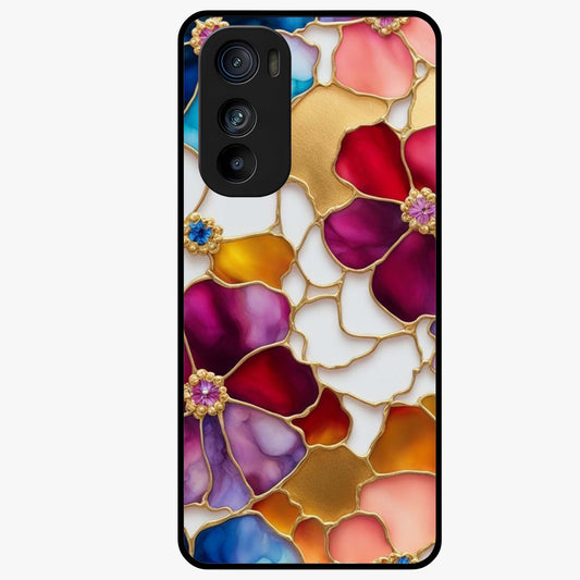 Marble Flower Pattern Glass Case showing flat back view with marble texture floral artwork and glossy glass finish.